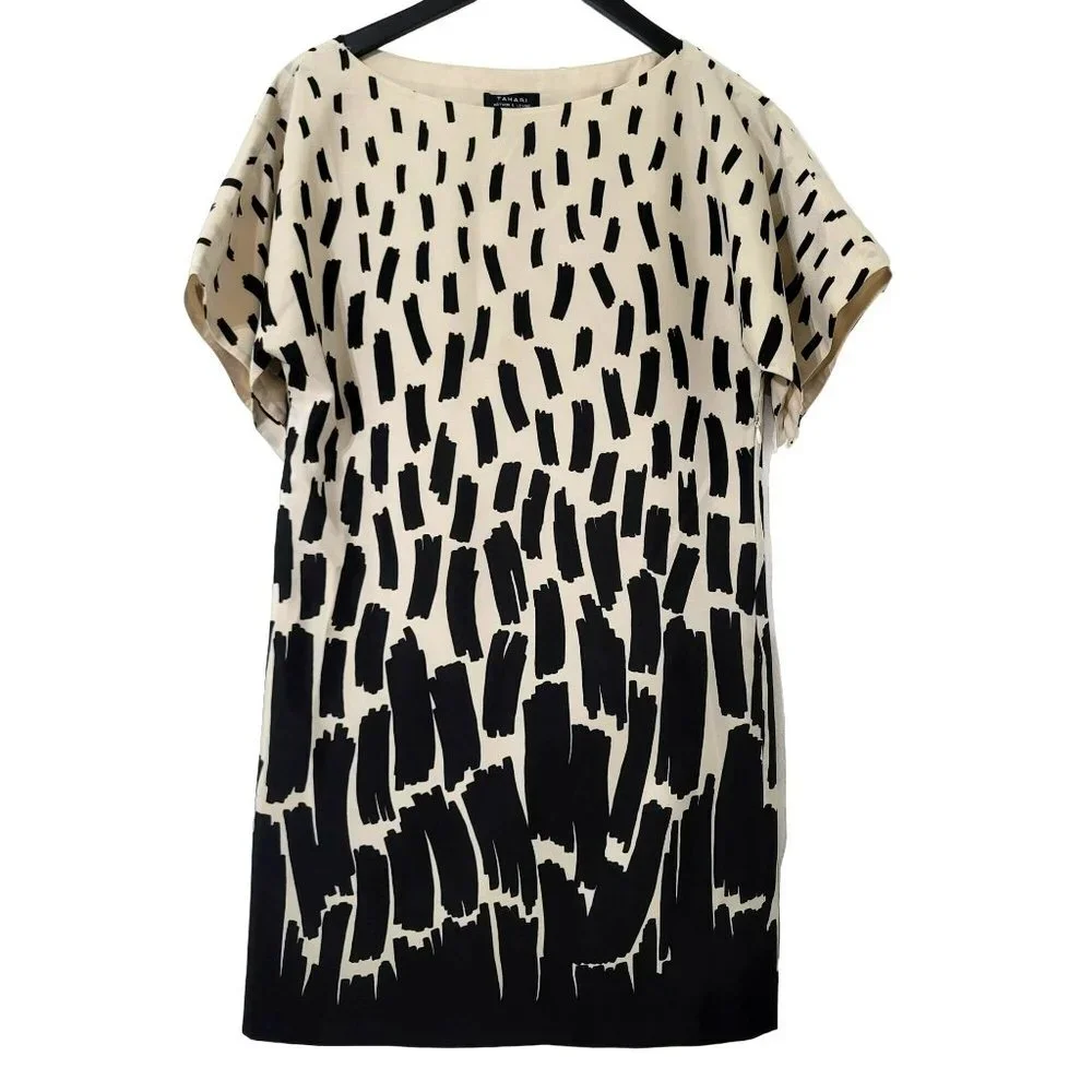 Tahari‎ ASL Arthur S Levine Dress 4 Black Cream Print Shift Short Sleeve Career